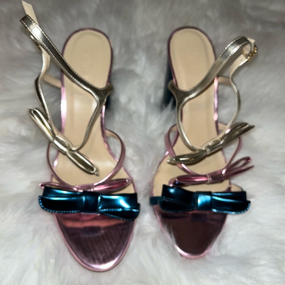 Chrome Metallic Bow Block Heels